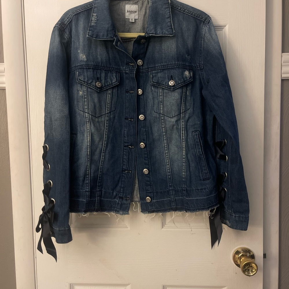 Kensie Blue Denim Jacket with Black Lace-Up Sleeves